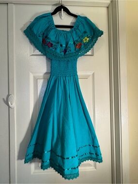 Girls Teal Off-Shoulder Embroidered Casual Dress